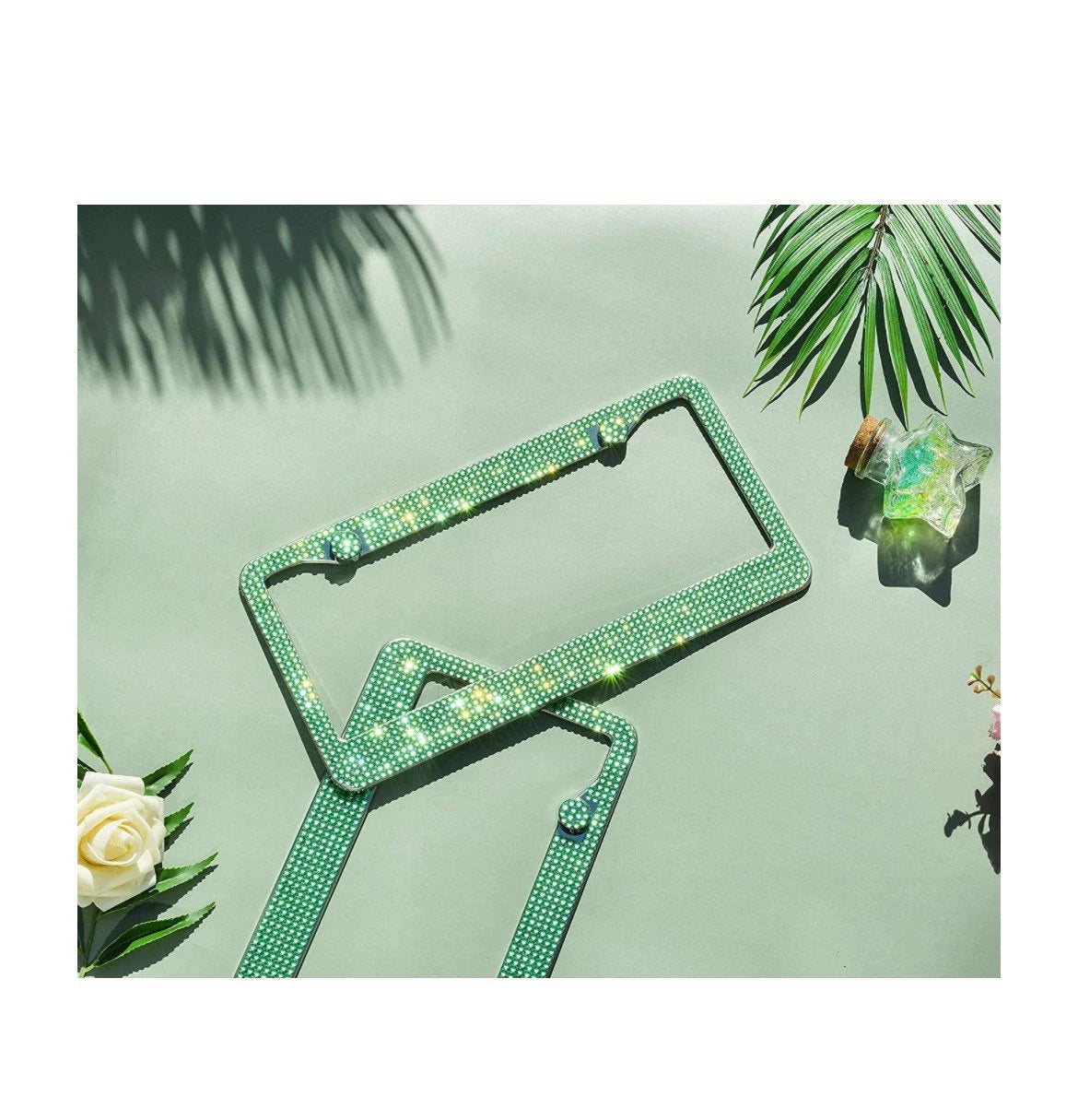 1 Luxury Peridot Emerald Light GREEN Diamond CRYSTAL Metal License Plate Frame Sparkle Cover Holder Bling Caps