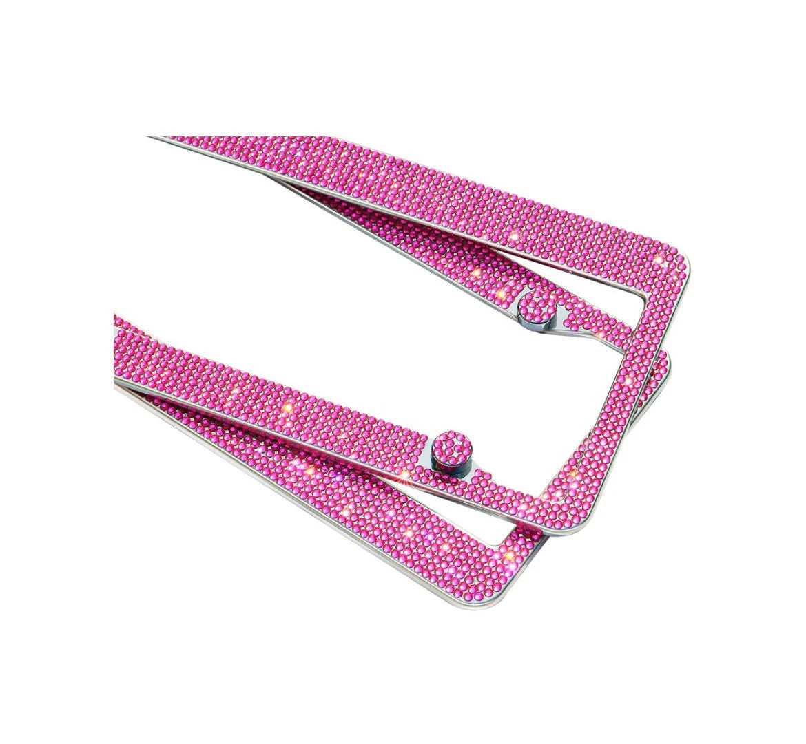 1 Luxury HOT PINK Crystal FUCHSIA Rose Diamond Crystal License Plate Frame Sparkle Lux anti-theft Cover Holder Bling Caps