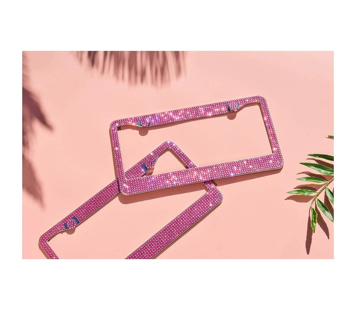 1 Luxury HOT PINK Crystal FUCHSIA Rose Diamond Crystal License Plate Frame Sparkle Lux anti-theft Cover Holder Bling Caps