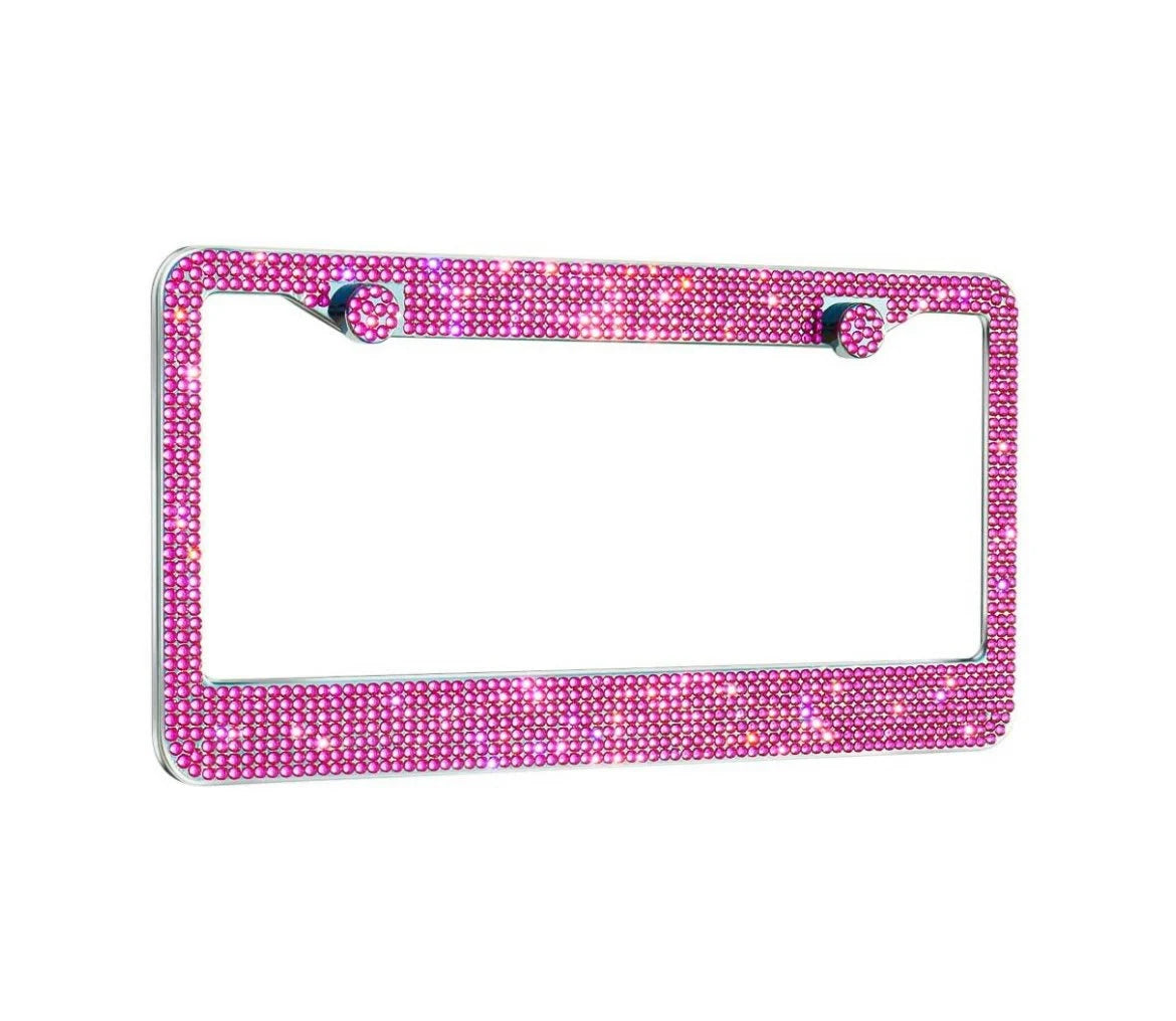 1 Luxury HOT PINK Crystal FUCHSIA Rose Diamond Crystal License Plate Frame Sparkle Lux anti-theft Cover Holder Bling Caps