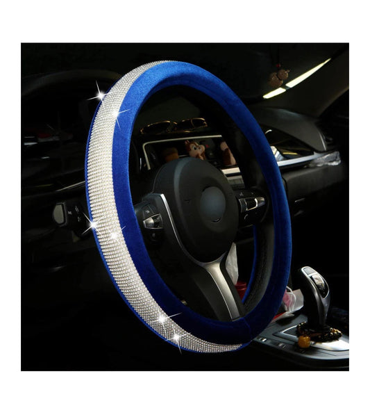 Blue Velvet White Diamond Luxury Steering Wheel Cover with Ultra Bling Crystal Embellishment Universal Round Fit