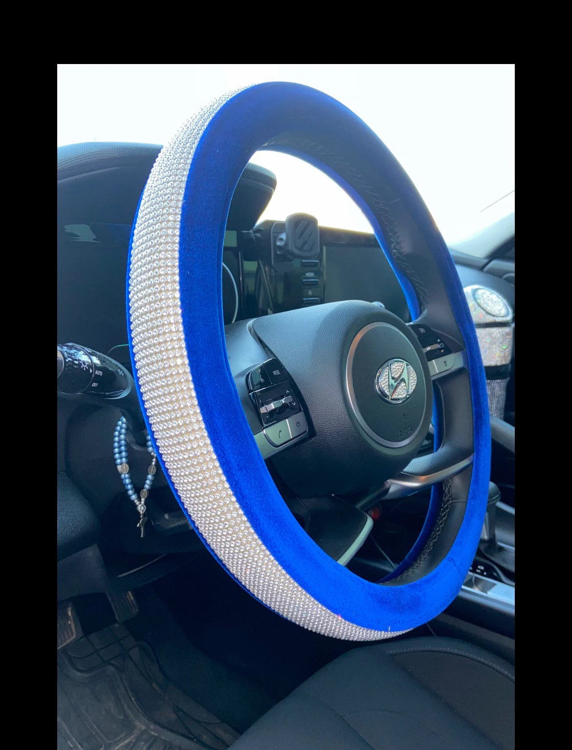 Blue Velvet White Diamond Luxury Steering Wheel Cover with Ultra Bling Crystal Embellishment Universal Round Fit