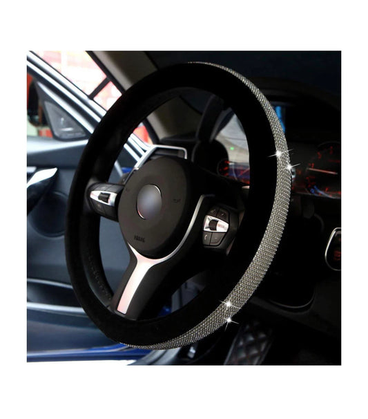 Black Velvet & White Diamond Ultra Bling Luxury Steering Wheel Cover with Crystal Embellishment Universal Round Fit