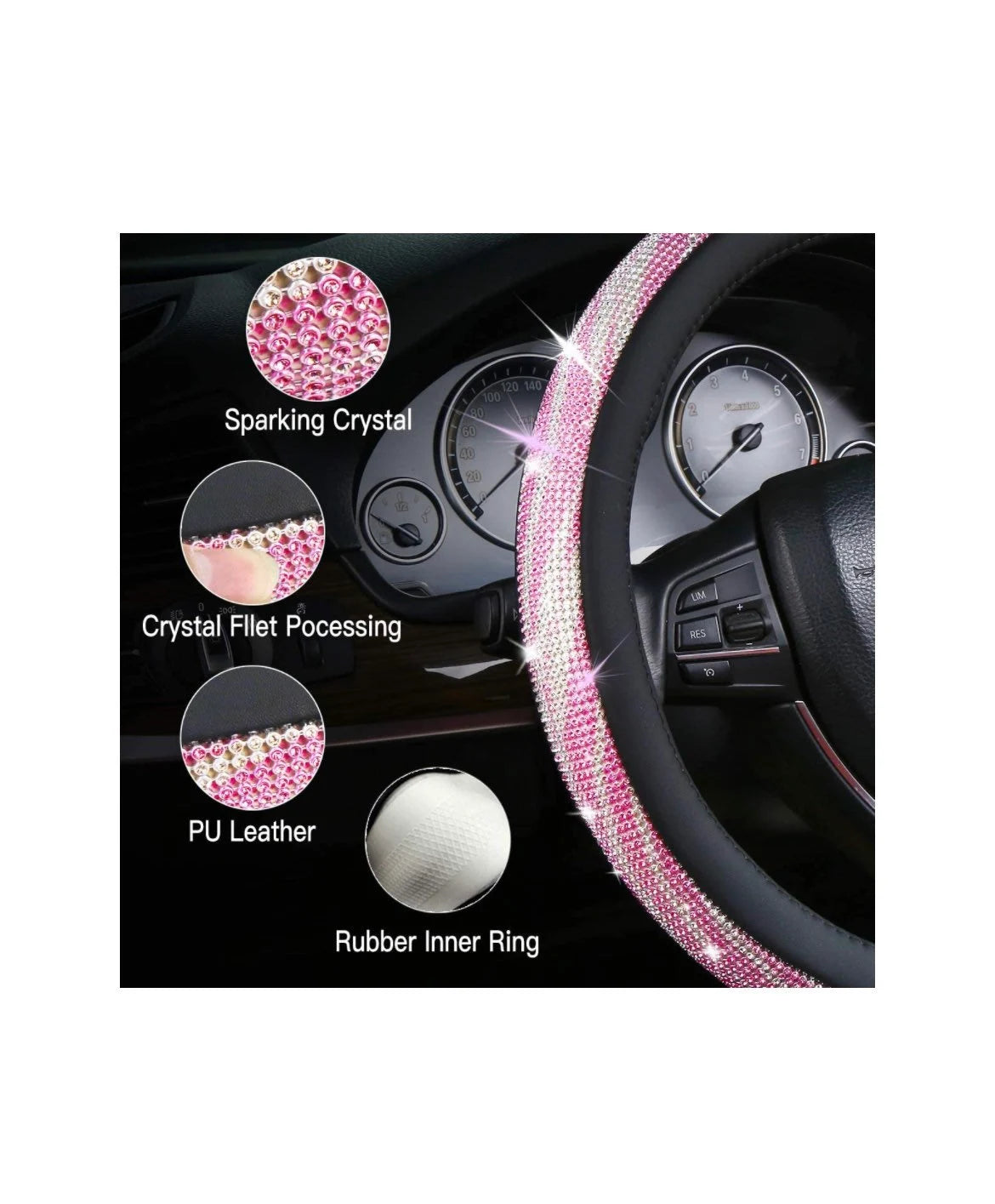 Ultra Bling Pink & White Swirl Diamond Luxury Faux Leather Steering Wheel Cover Crystal Embellishment Universal Round Fit Anti-Slip Feminine Women Gift