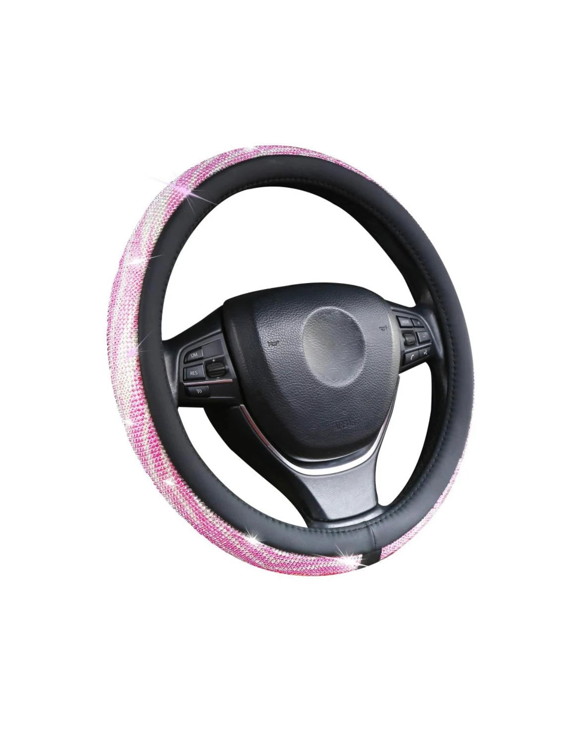 Ultra Bling Pink & White Swirl Diamond Luxury Faux Leather Steering Wheel Cover Crystal Embellishment Universal Round Fit Anti-Slip Feminine Women Gift
