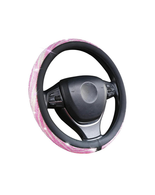 Ultra Bling Pink & White Swirl Diamond Luxury Faux Leather Steering Wheel Cover Crystal Embellishment Universal Round Fit Anti-Slip Feminine Women Gift