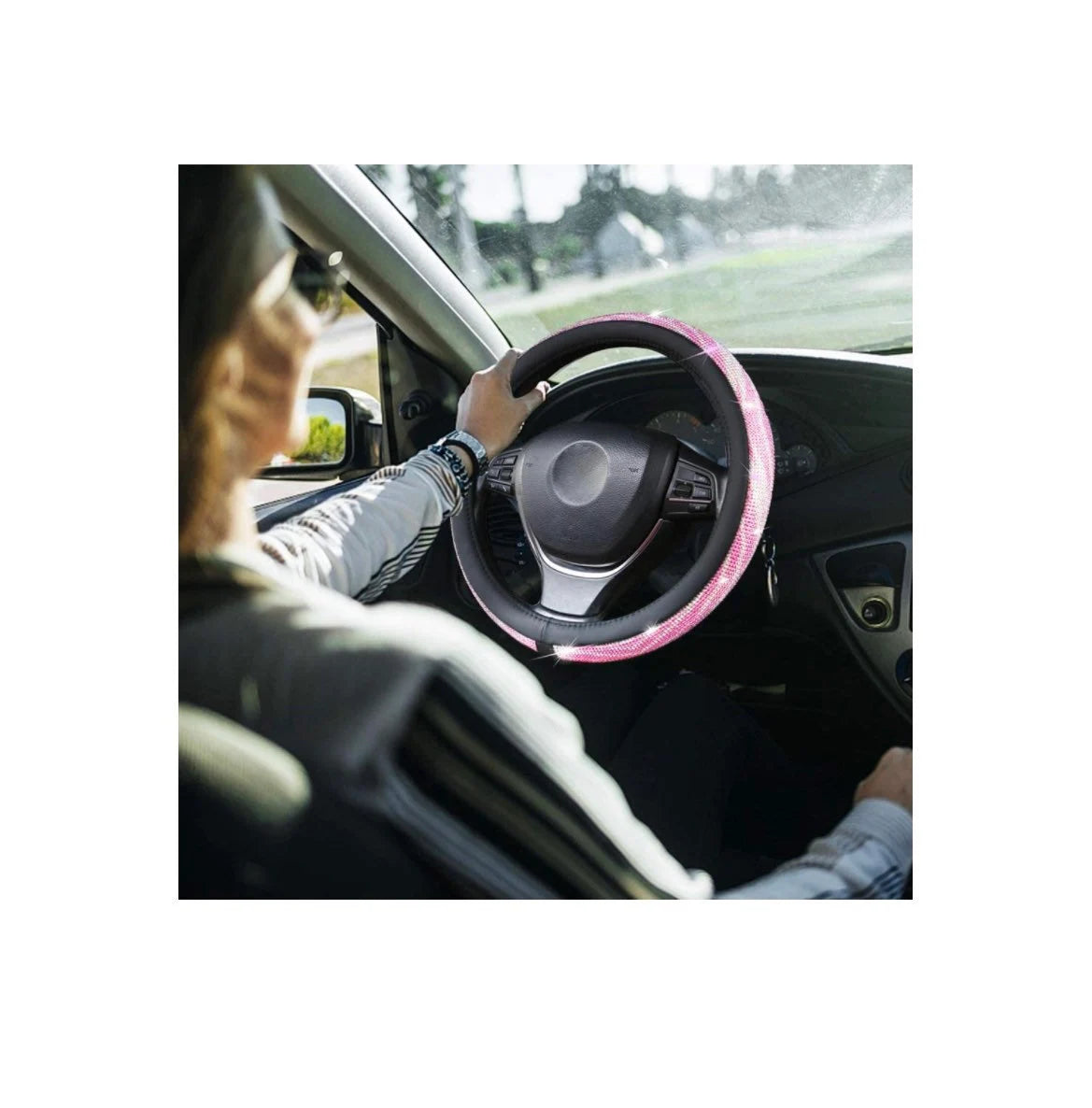Ultra Bling Pink & White Swirl Diamond Luxury Faux Leather Steering Wheel Cover Crystal Embellishment Universal Round Fit Anti-Slip Feminine Women Gift
