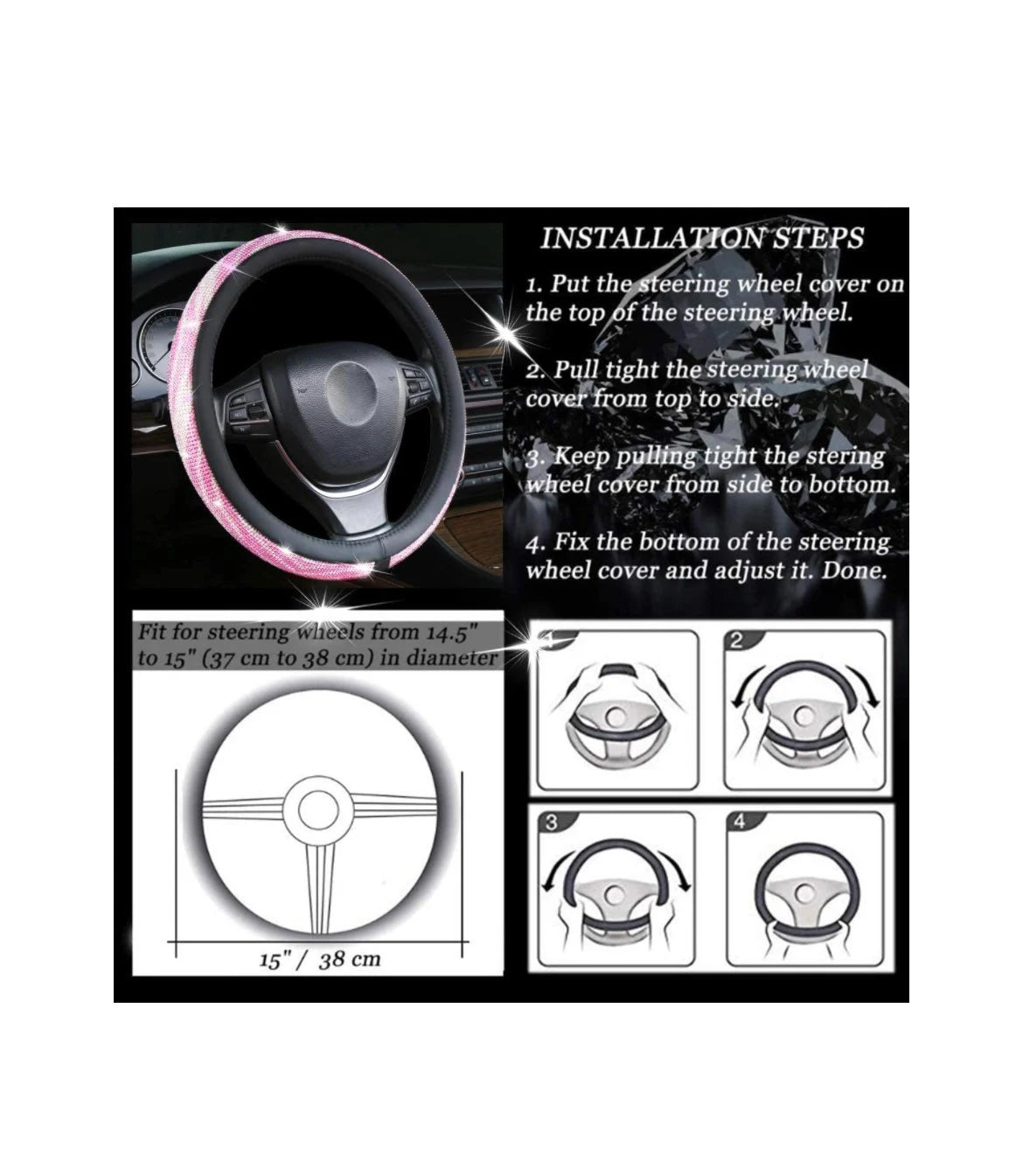 Ultra Bling Pink & White Swirl Diamond Luxury Faux Leather Steering Wheel Cover Crystal Embellishment Universal Round Fit Anti-Slip Feminine Women Gift