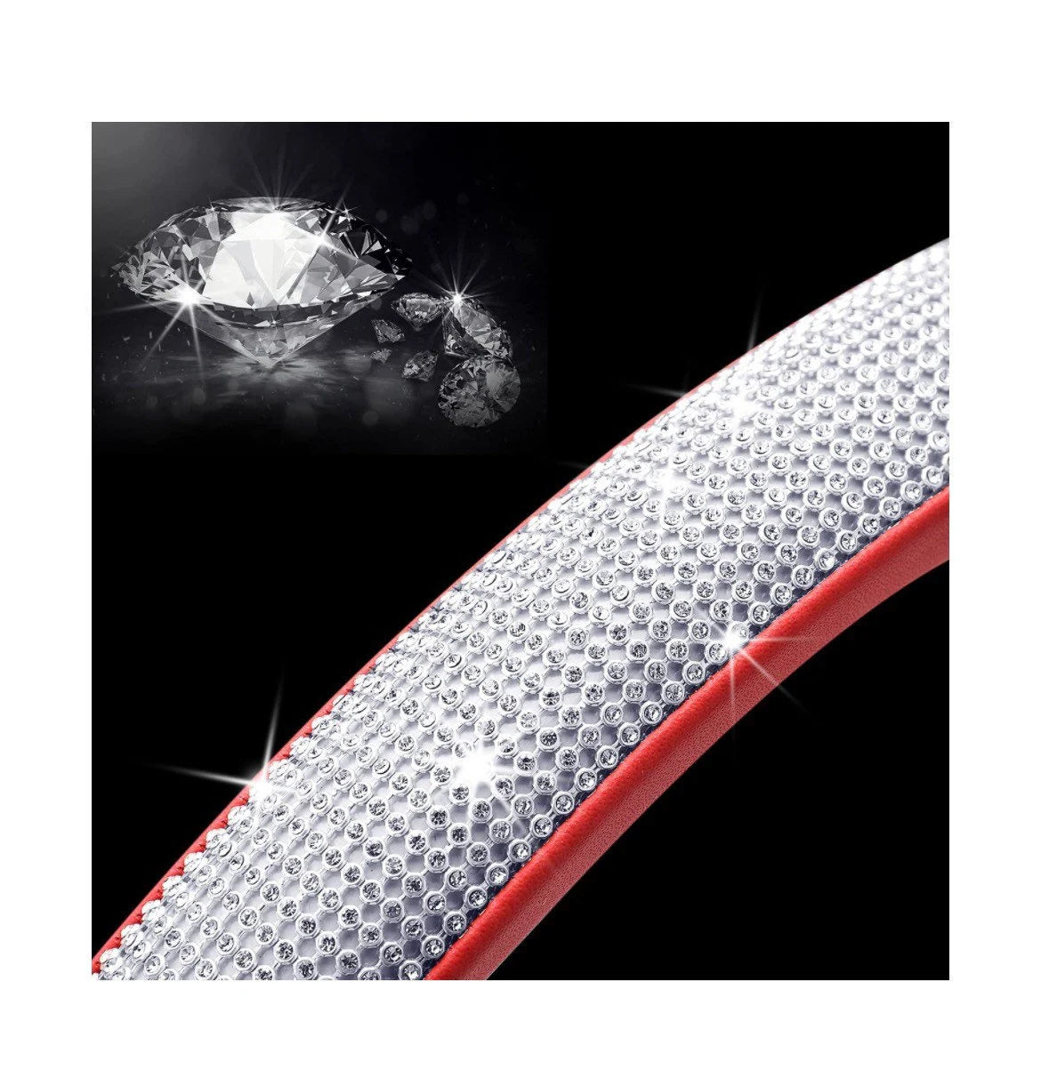 Red Leather & White Diamond Luxury Steering Wheel Cover with Ultra Bling Crystal Embellishment Universal Round Fit