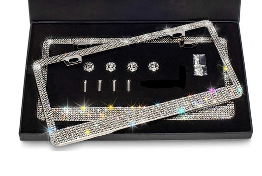2 Swarovski White Diamond Crystal Encrusted License Plate Frames Cover Holder Sparkly Luxury Chrome Metal Bling Caps