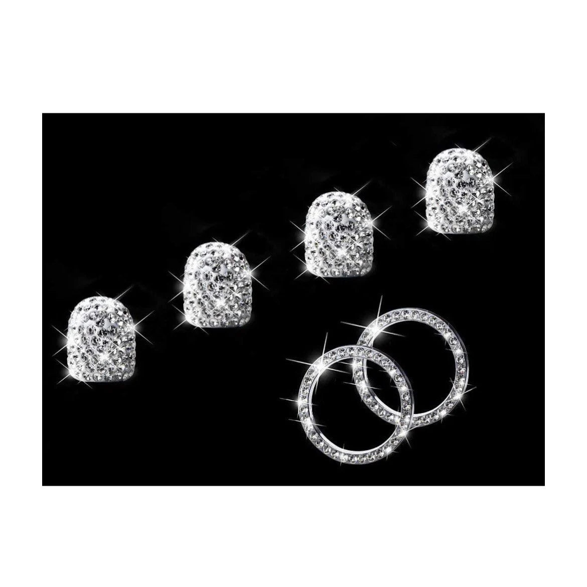 6 pc Bling SET 4x Tire Valve Caps + 2 Ignition Rings AC Knob White Diamond Luxury with Crystal Embellishment Car SUV Motorcycle Bicycle Bike