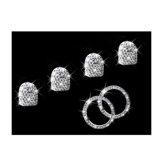 6 pc Bling SET 4x Tire Valve Caps + 2 Ignition Rings AC Knob White Diamond Luxury with Crystal Embellishment Car SUV Motorcycle Bicycle Bike