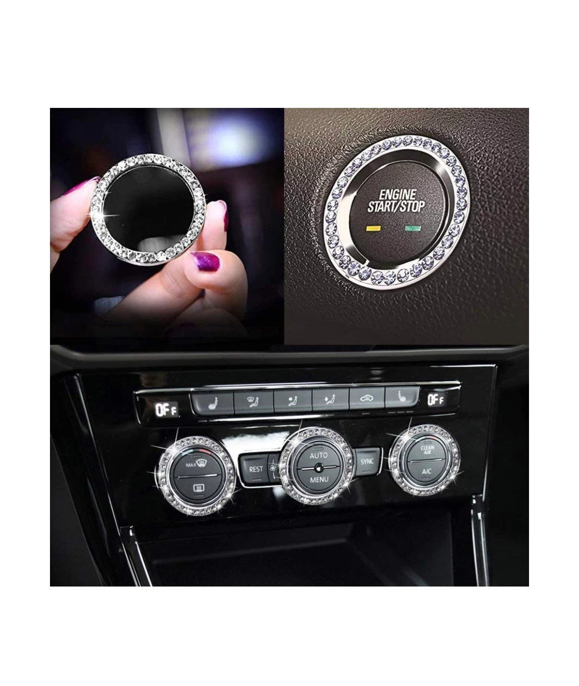 6 pc Bling SET 4x Tire Valve Caps + 2 Ignition Rings AC Knob White Diamond Luxury with Crystal Embellishment Car SUV Motorcycle Bicycle Bike