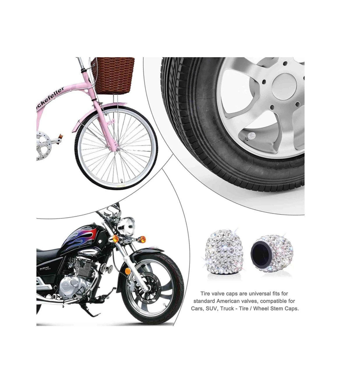 6 pc Bling SET 4x Tire Valve Caps + 2 Ignition Rings AC Knob White Diamond Luxury with Crystal Embellishment Car SUV Motorcycle Bicycle Bike