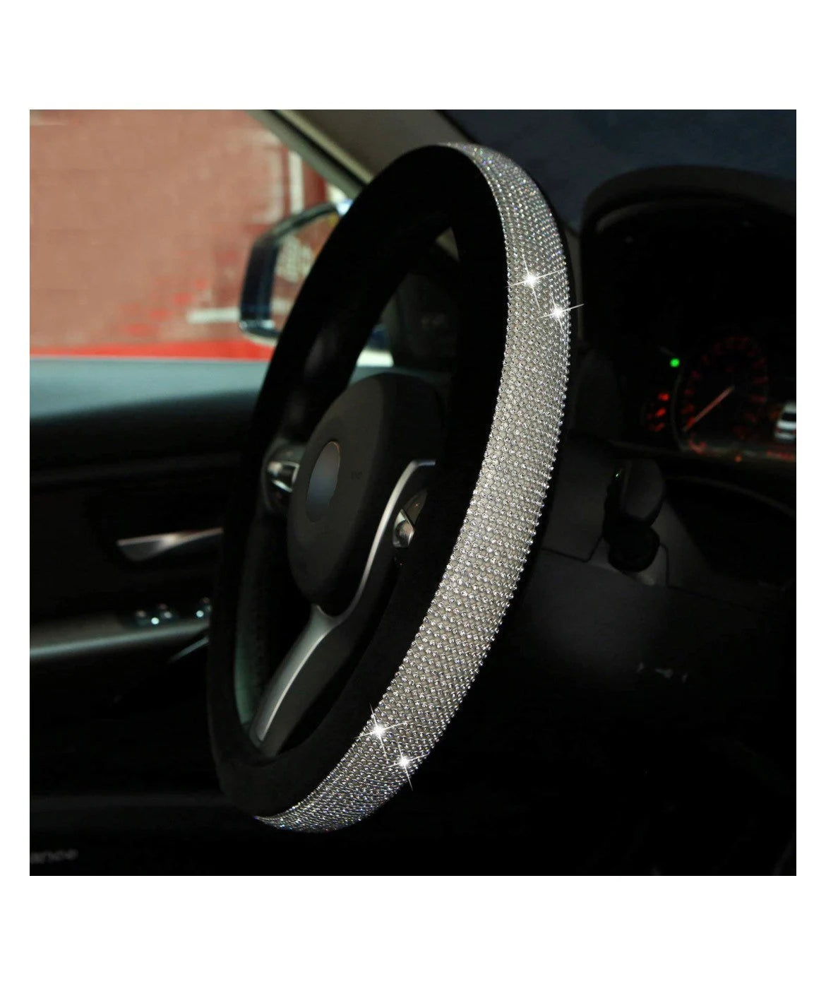 Black Velvet & White Diamond Ultra Bling Luxury Steering Wheel Cover with Crystal Embellishment Universal Round Fit