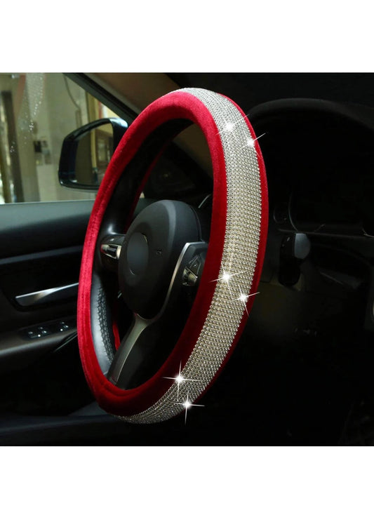 Red Velvet & White Diamond Ultra Bling Luxury Steering Wheel Cover with Crystal Embellishment Universal Round Fit
