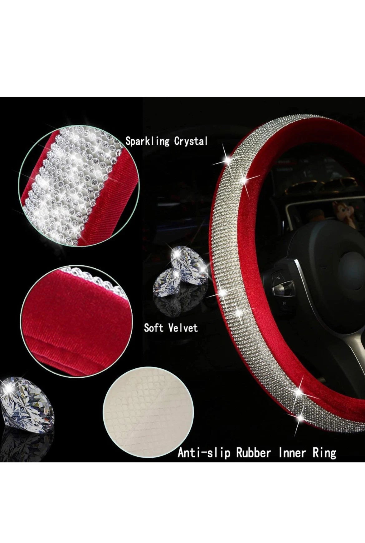 Red Velvet & White Diamond Ultra Bling Luxury Steering Wheel Cover with Crystal Embellishment Universal Round Fit