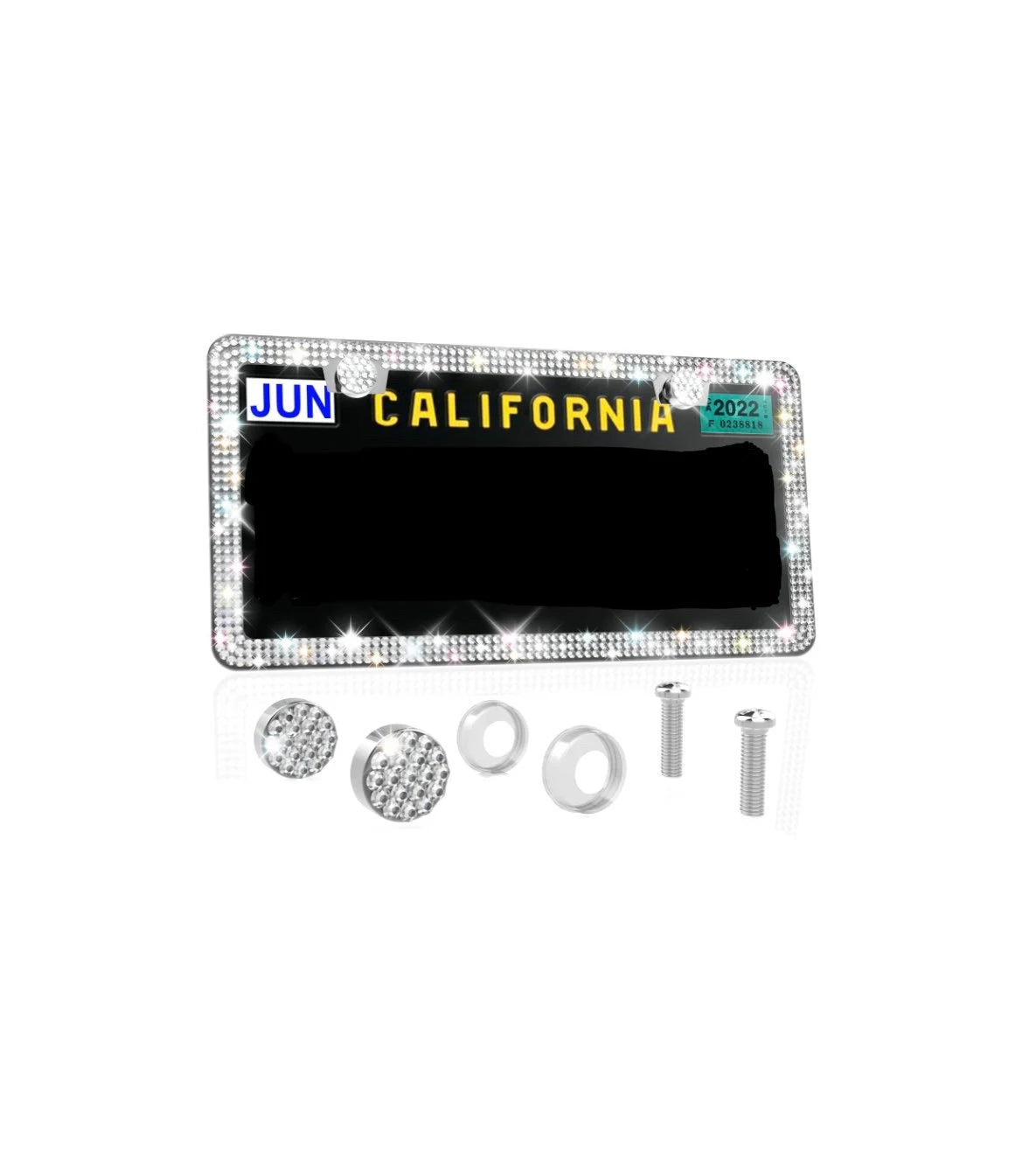 2 Frames White Crystal Diamond Encrusted 3 Row Ultra Thin License Plate Sparkly Luxury Metal Frame Cover Holder Bling Caps