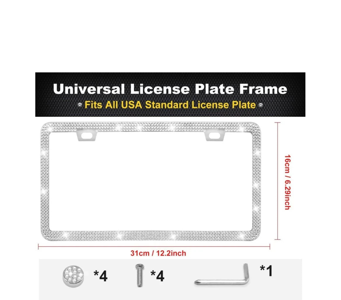 2 Frames White Crystal Diamond Encrusted 3 Row Ultra Thin License Plate Sparkly Luxury Metal Frame Cover Holder Bling Caps