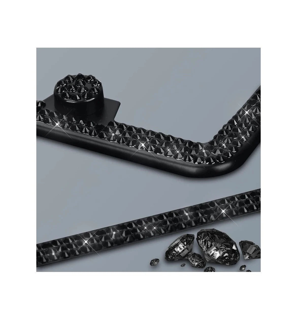 2 Frames JET BLACK Crystal Diamond Encrusted 3 Row Ultra Thin Blacked Out Sparkly Luxury License Plate Frame Cover Holder Metal Bling Caps