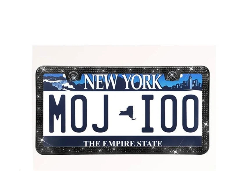 2 Frames JET BLACK Crystal Diamond Encrusted 3 Row Ultra Thin Blacked Out Sparkly Luxury License Plate Frame Cover Holder Metal Bling Caps