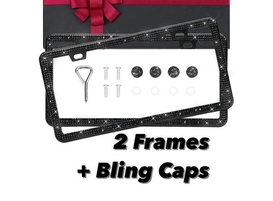 2 Frames JET BLACK Crystal Diamond Encrusted 3 Row Ultra Thin Blacked Out Sparkly Luxury License Plate Frame Cover Holder Metal Bling Caps