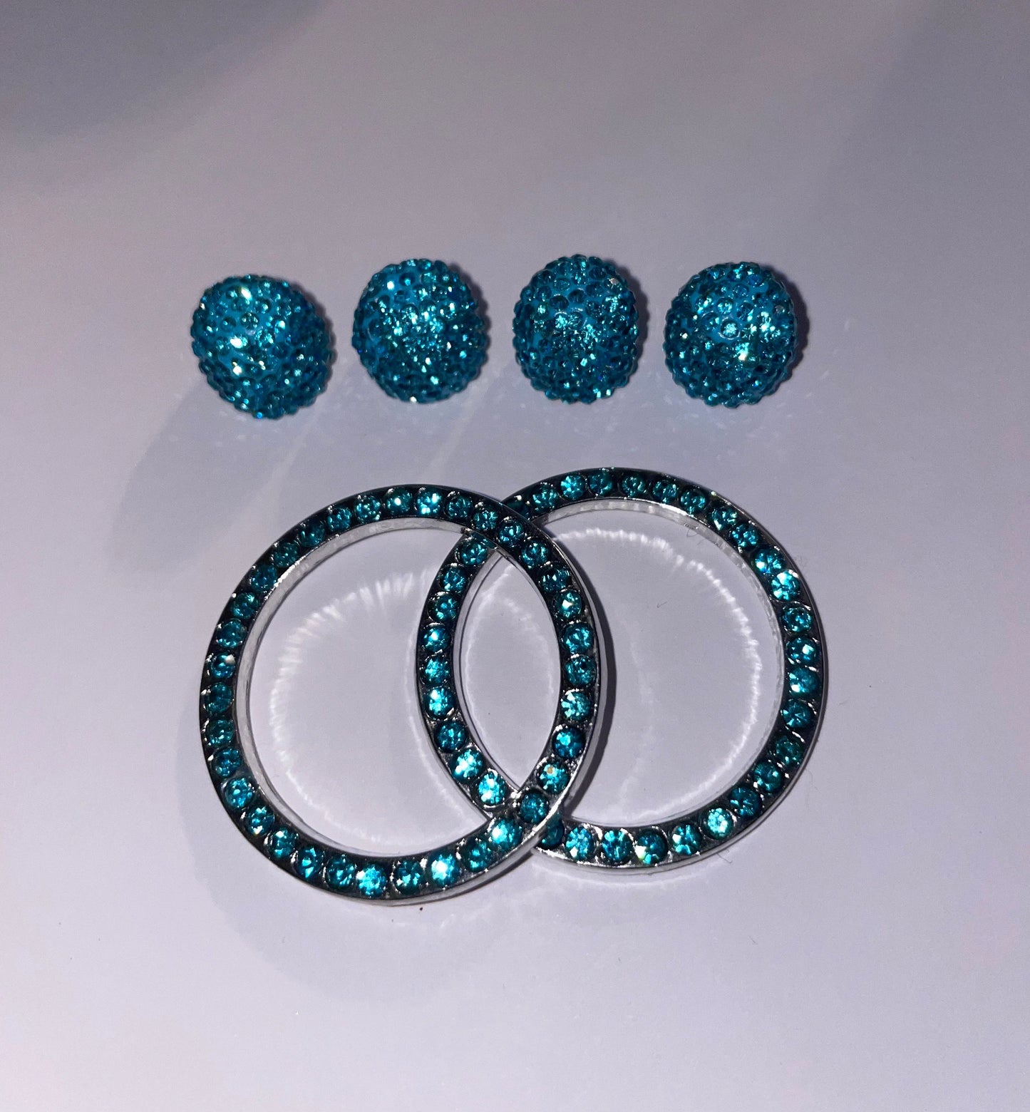 6 pc Bling SET Aqua Blue Aquamarine 4 Tire Valve Caps 2 Ignition Rings AC Knob Diamond Luxury Crystal Embellishment Car SUV Motorcycle Bike