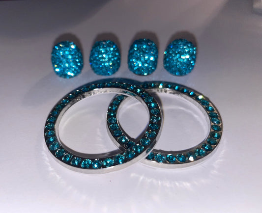 6 pc Bling SET Aqua Blue Aquamarine 4 Tire Valve Caps 2 Ignition Rings AC Knob Diamond Luxury Crystal Embellishment Car SUV Motorcycle Bike