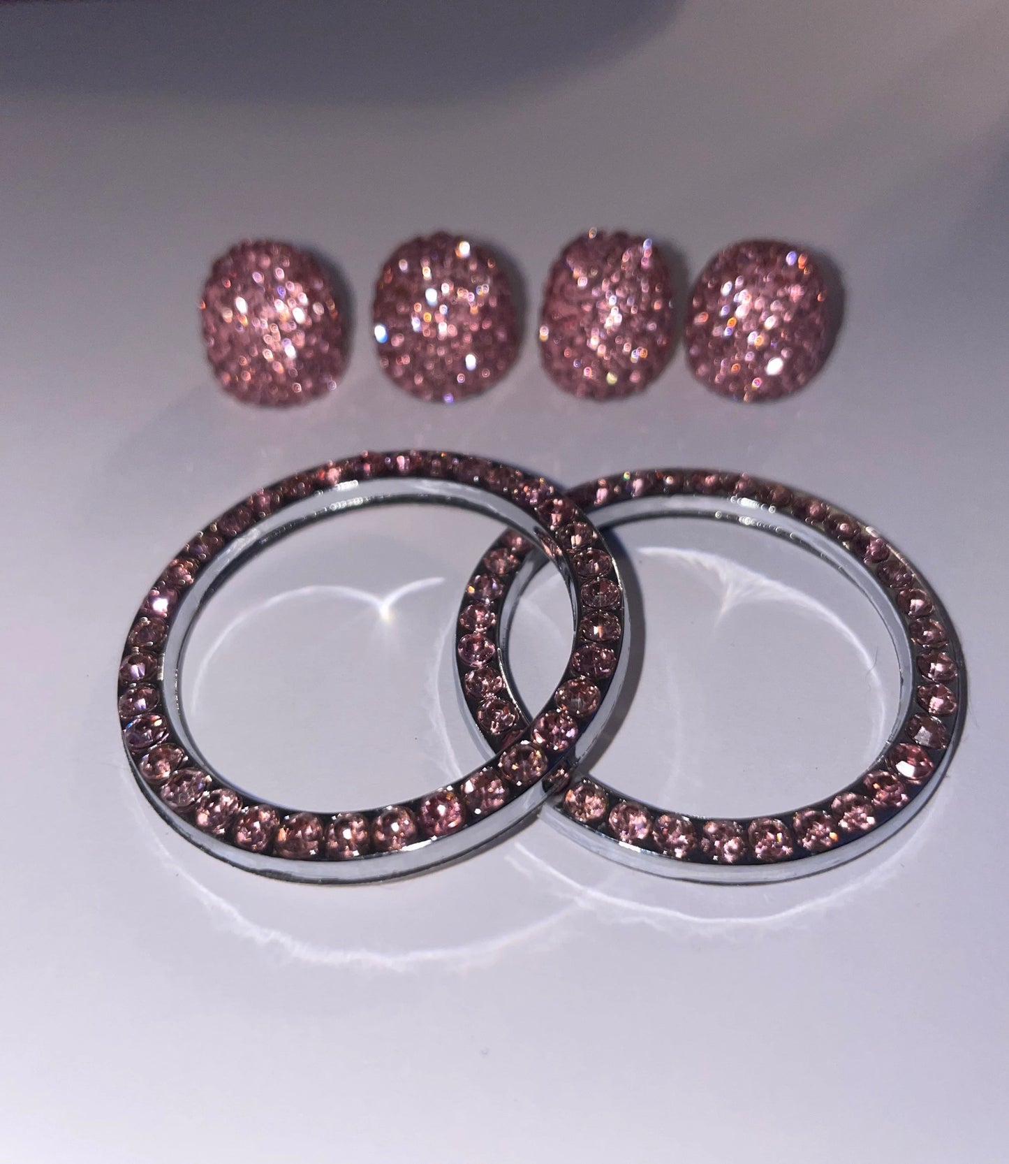 6 pc Bling SET PINK Crystal 4 Tire Valve Caps 2 Ignition Rings Ac Knob Diamond Luxury Crystal Embellishment Car SUV Bike Motorcycle