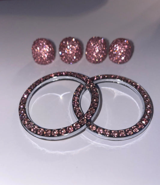6 pc Bling SET PINK Crystal 4 Tire Valve Caps 2 Ignition Rings Ac Knob Diamond Luxury Crystal Embellishment Car SUV Bike Motorcycle
