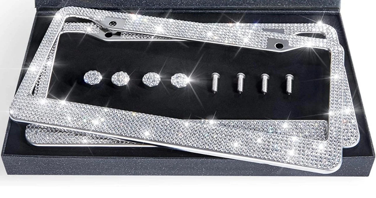 2 Swarovski Crystal Encrusted White Diamond Hand Encrusted License Plate Metal Frame Sparkly Luxury handmade Frame Sparkly Bling Caps & Screws