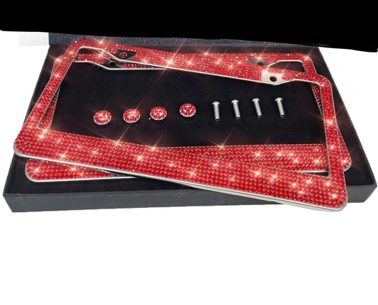 2 Luxury RED Light Siam Diamond CRYSTAL License Plate Anti-theft Sparkle Lux Frame Cover Holder Bling Caps