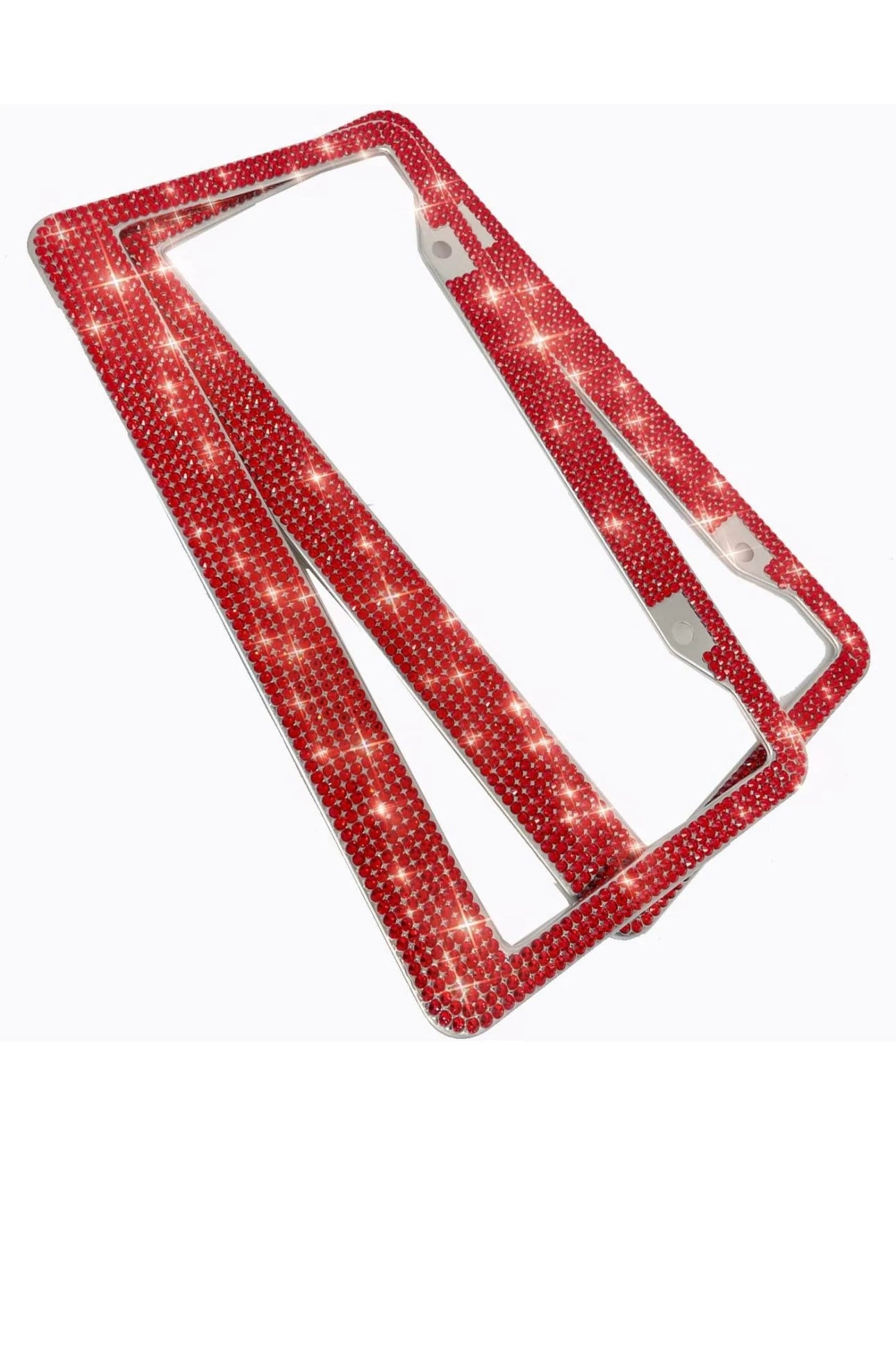 2 Luxury RED Light Siam Diamond CRYSTAL License Plate Anti-theft Sparkle Lux Frame Cover Holder Bling Caps