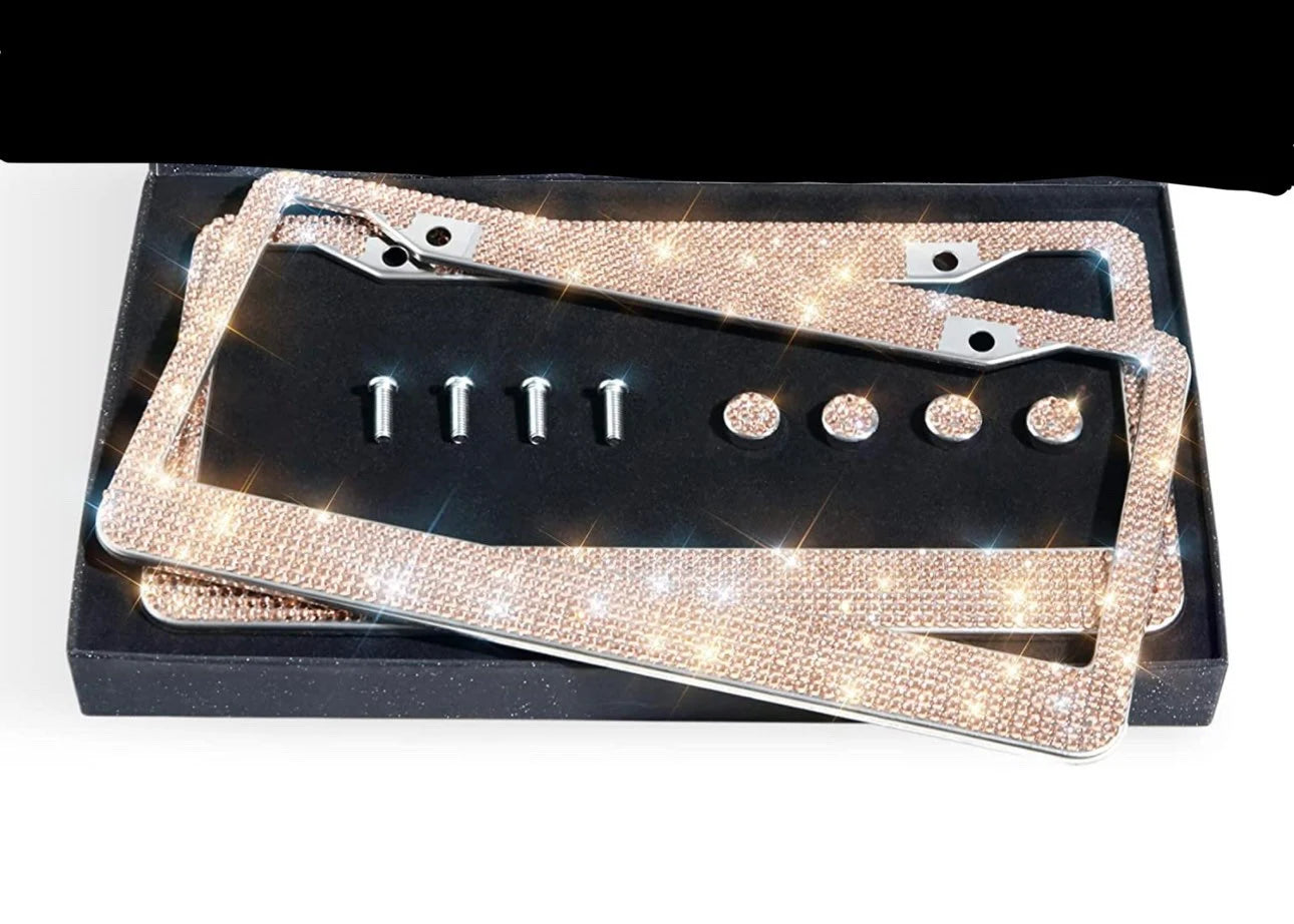 2 Luxury Champagne Crystal GOLD Yellow Diamond Encrusted License Plate Frame Cover Holder Sparkle LUX Bling Caps