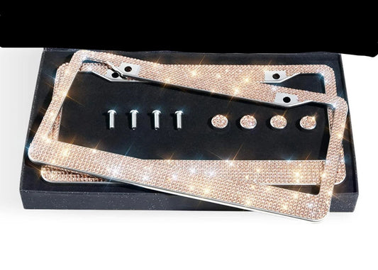 2 Luxury Champagne Crystal GOLD Yellow Diamond Encrusted License Plate Frame Cover Holder Sparkle LUX Bling Caps