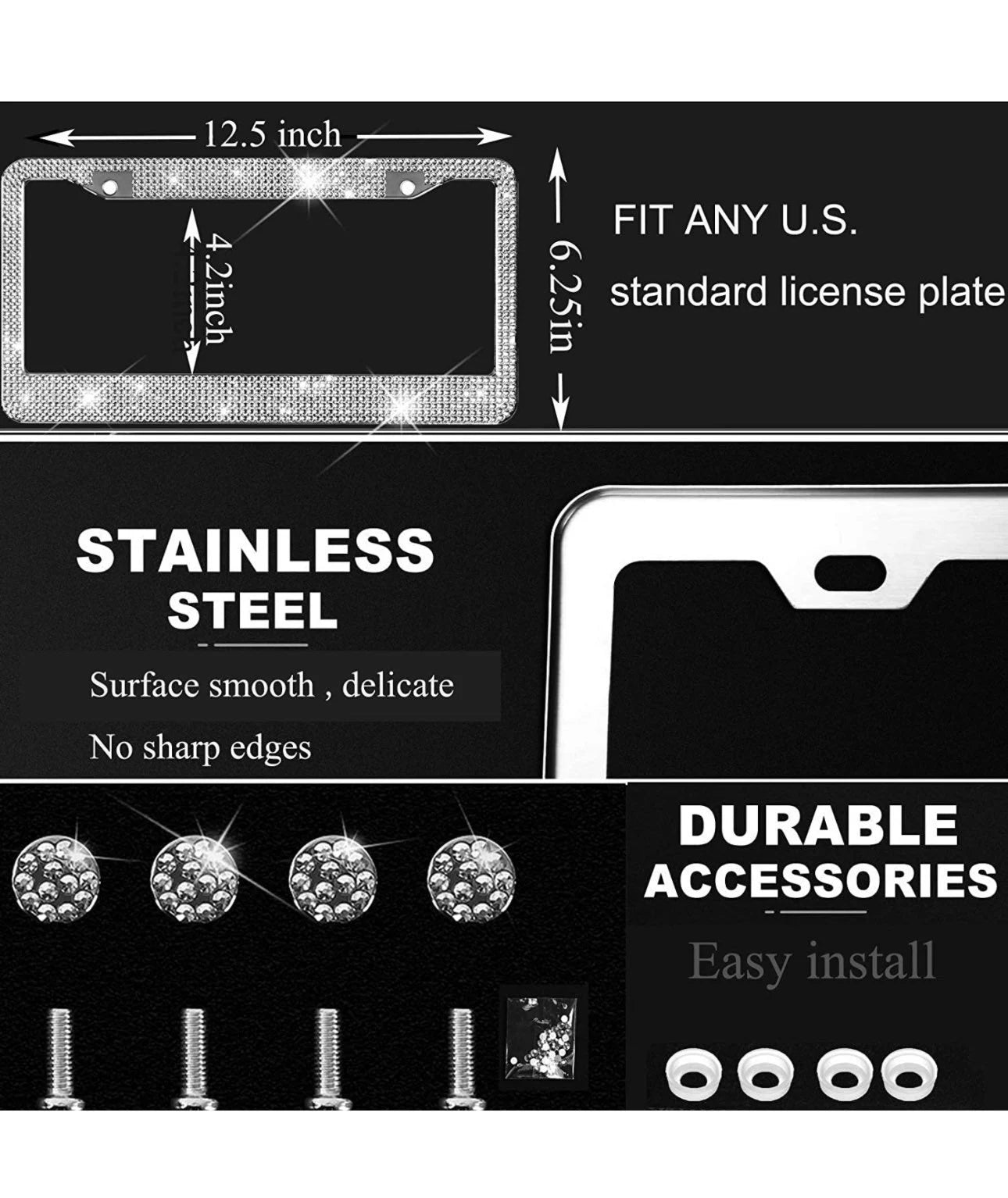 2 Swarovski Crystal Encrusted White Diamond Hand Encrusted License Plate Metal Frame Sparkly Luxury handmade Frame Sparkly Bling Caps & Screws