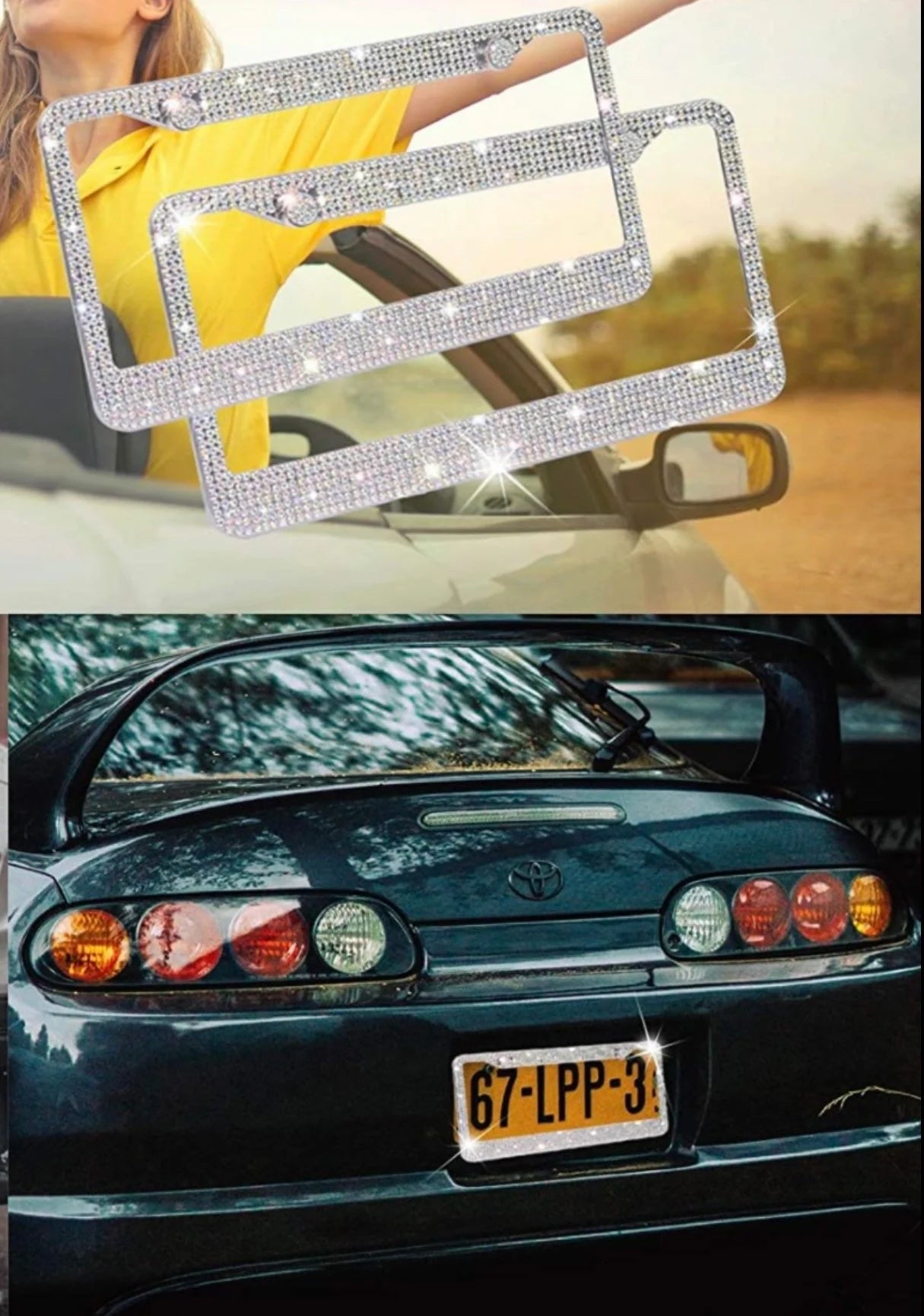 2 Swarovski Crystal Encrusted White Diamond Hand Encrusted License Plate Metal Frame Sparkly Luxury handmade Frame Sparkly Bling Caps & Screws