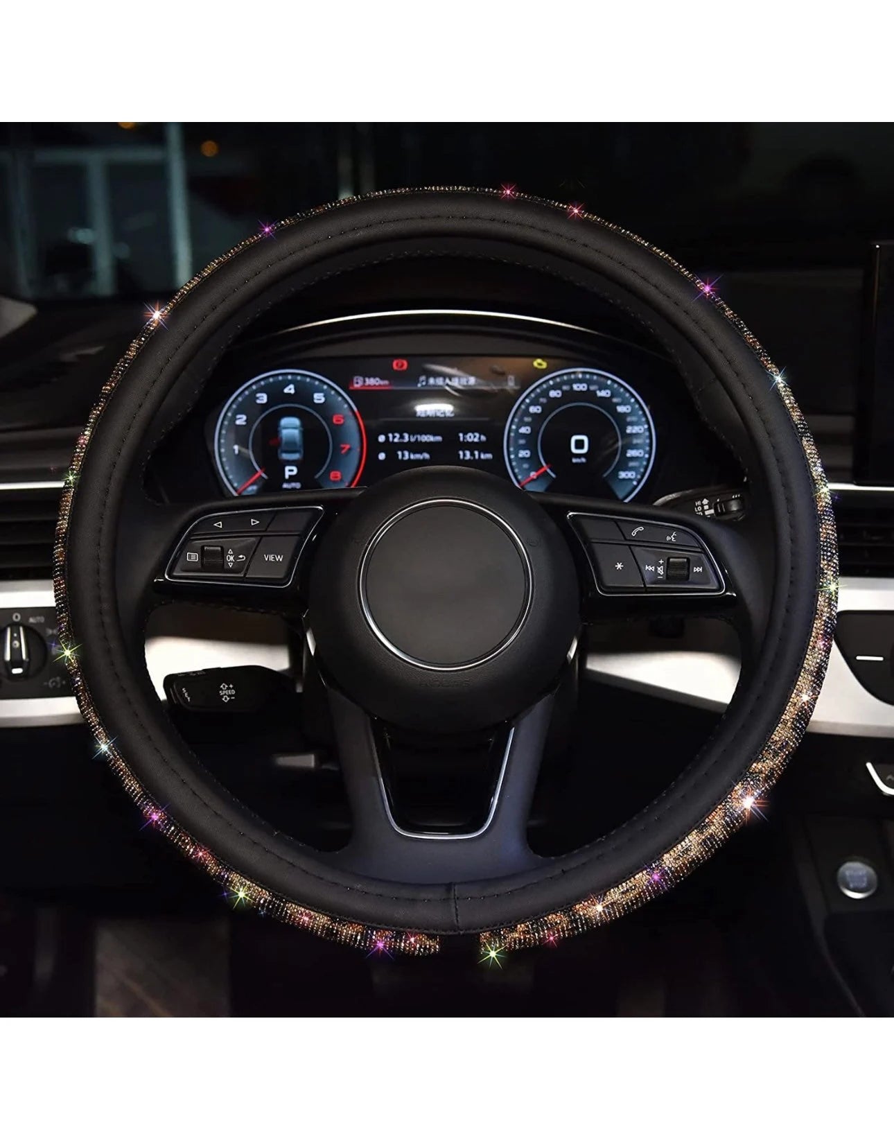 Leopard Animal Print Bling Diamond Luxury Leather Steering Wheel Cover with Crystal Embellishment Universal Round Fit