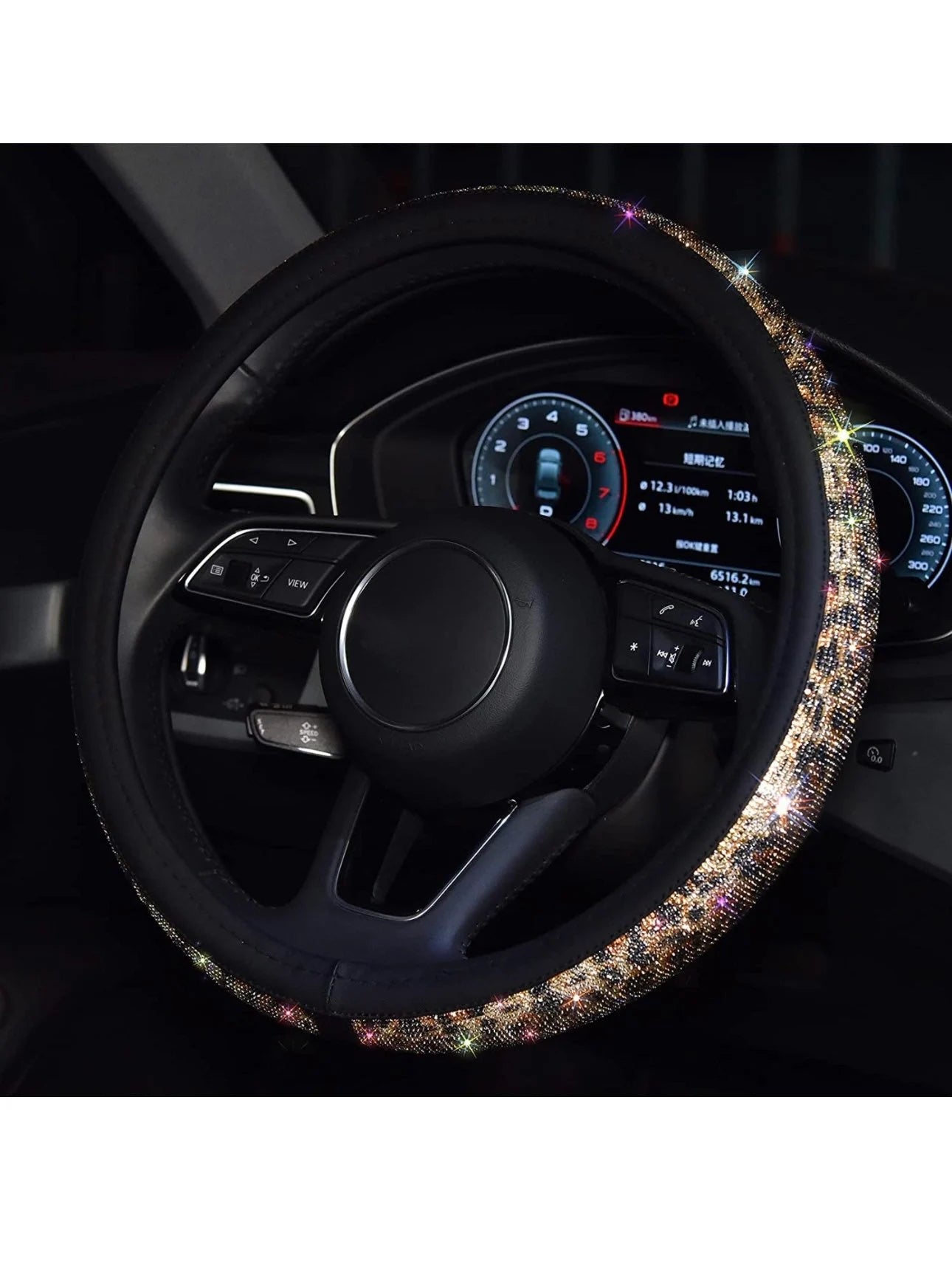 Leopard Animal Print Bling Diamond Luxury Leather Steering Wheel Cover with Crystal Embellishment Universal Round Fit