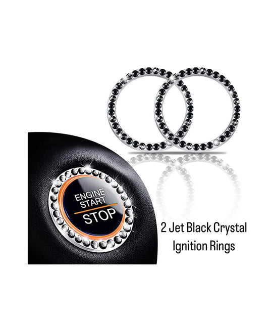 2x JET BLACK Ignition Ring Engine Start/Stop AC Volume Knob Ultra Bling Diamond Luxury Crystal Embellishment Universal Round Fit
