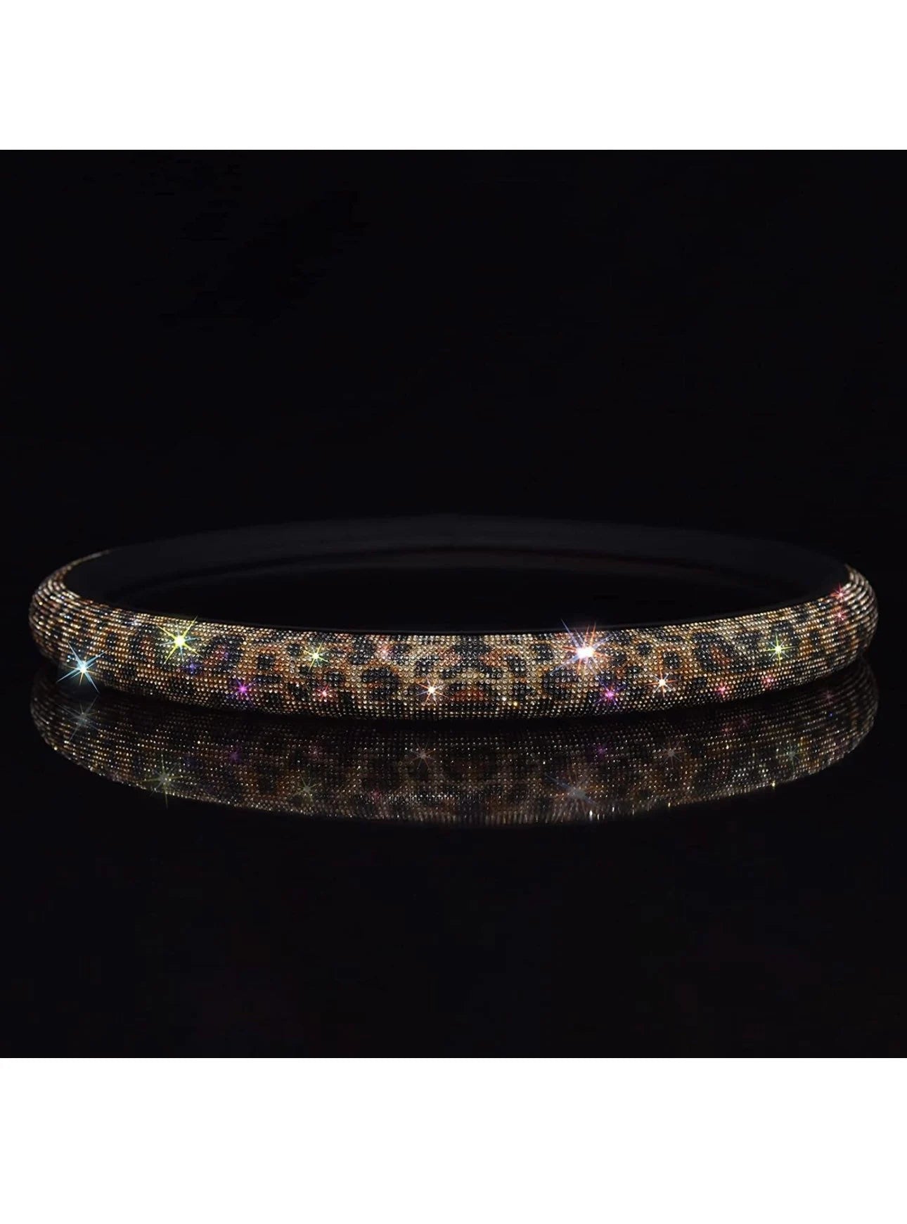 Leopard Animal Print Bling Diamond Luxury Leather Steering Wheel Cover with Crystal Embellishment Universal Round Fit