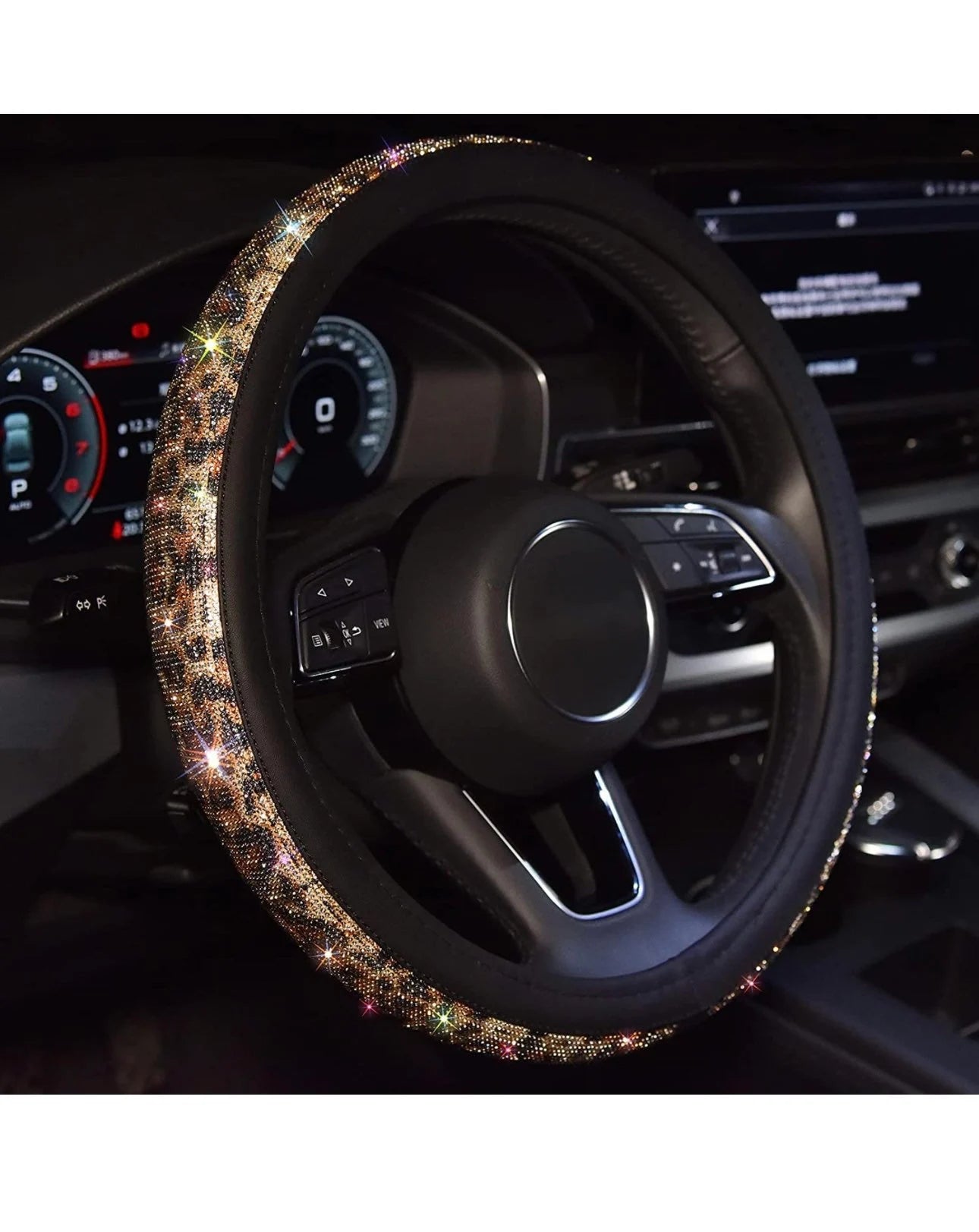 Leopard Animal Print Bling Diamond Luxury Leather Steering Wheel Cover with Crystal Embellishment Universal Round Fit