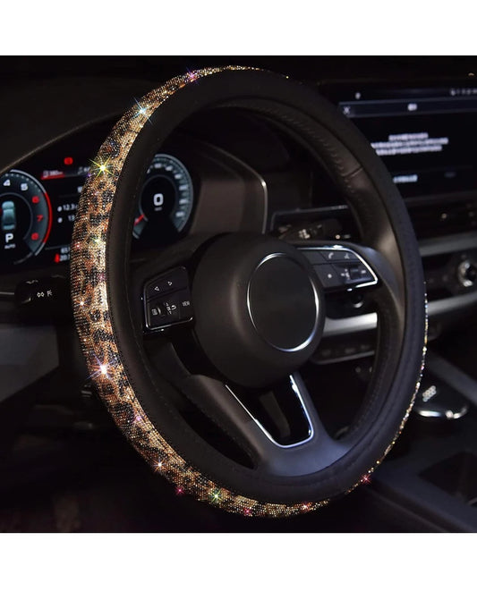 Leopard Animal Print Bling Diamond Luxury Leather Steering Wheel Cover with Crystal Embellishment Universal Round Fit