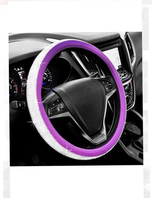 Purple Leather Bling White Diamond Luxury Steering Wheel Cover with Crystal Embellishment Universal Round Fit