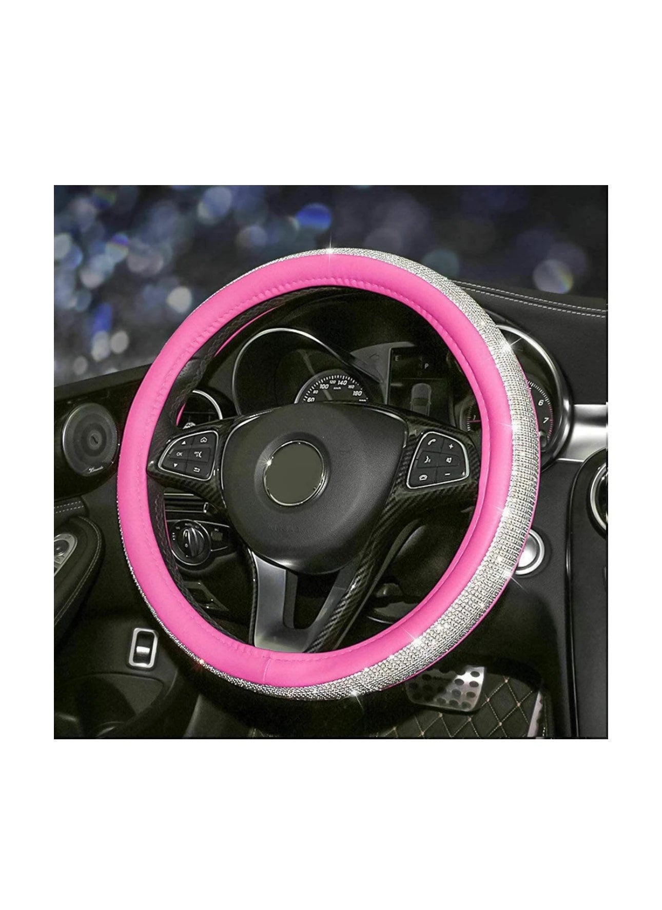 Hot Pink Leather Bling White Diamond Luxury Steering Wheel Cover with Crystal Embellishment Universal Round Fit