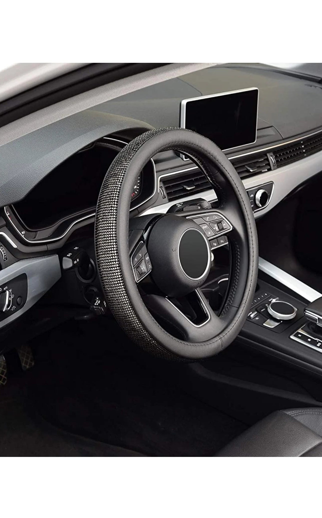 Blacked Out Jet Black Diamond Leather Bling Dark Luxury Steering Wheel Cover with Crystal Embellishment Universal Round