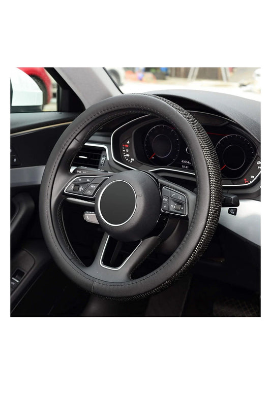 Blacked Out Jet Black Diamond Leather Bling Dark Luxury Steering Wheel Cover with Crystal Embellishment Universal Round