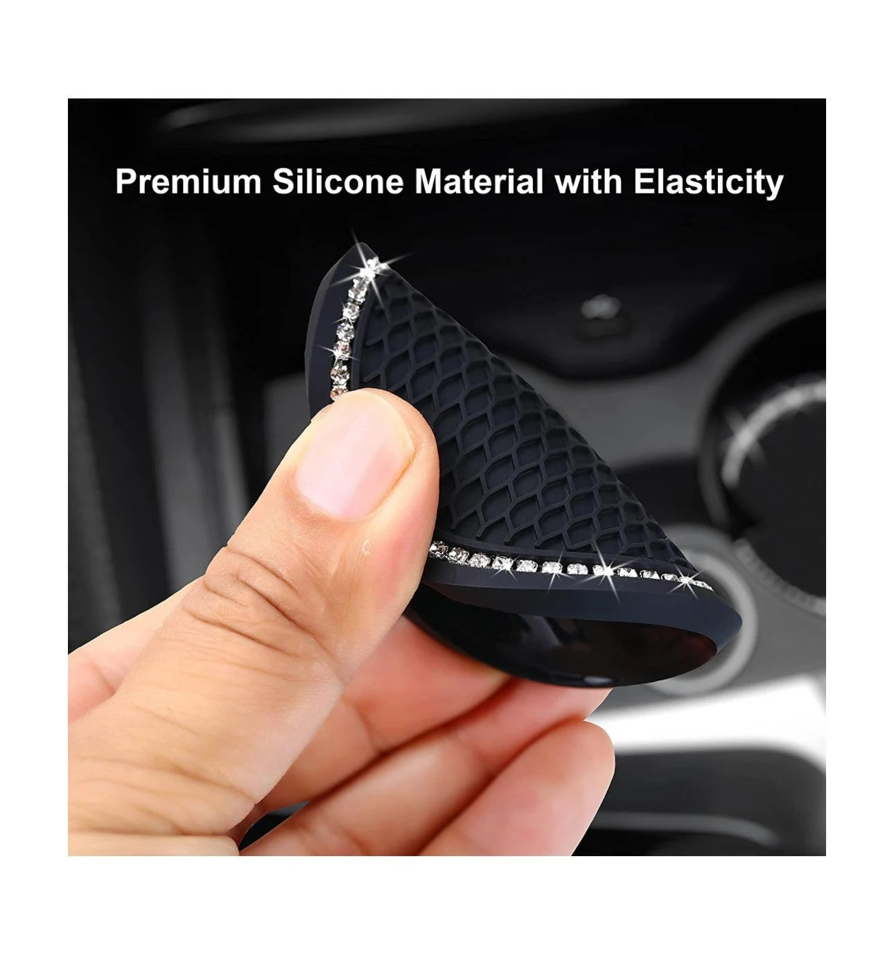 2 White Crystal Border Encrusted Black Coasters Cup Holder Insert Ultra Bling Diamond Luxury Embellishment Fit Car SUV Silicone Anti-Slip