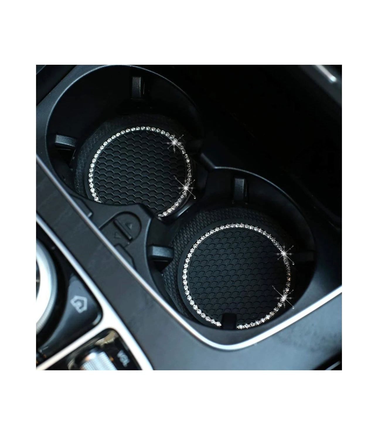 2 White Crystal Border Encrusted Black Coasters Cup Holder Insert Ultra Bling Diamond Luxury Embellishment Fit Car SUV Silicone Anti-Slip