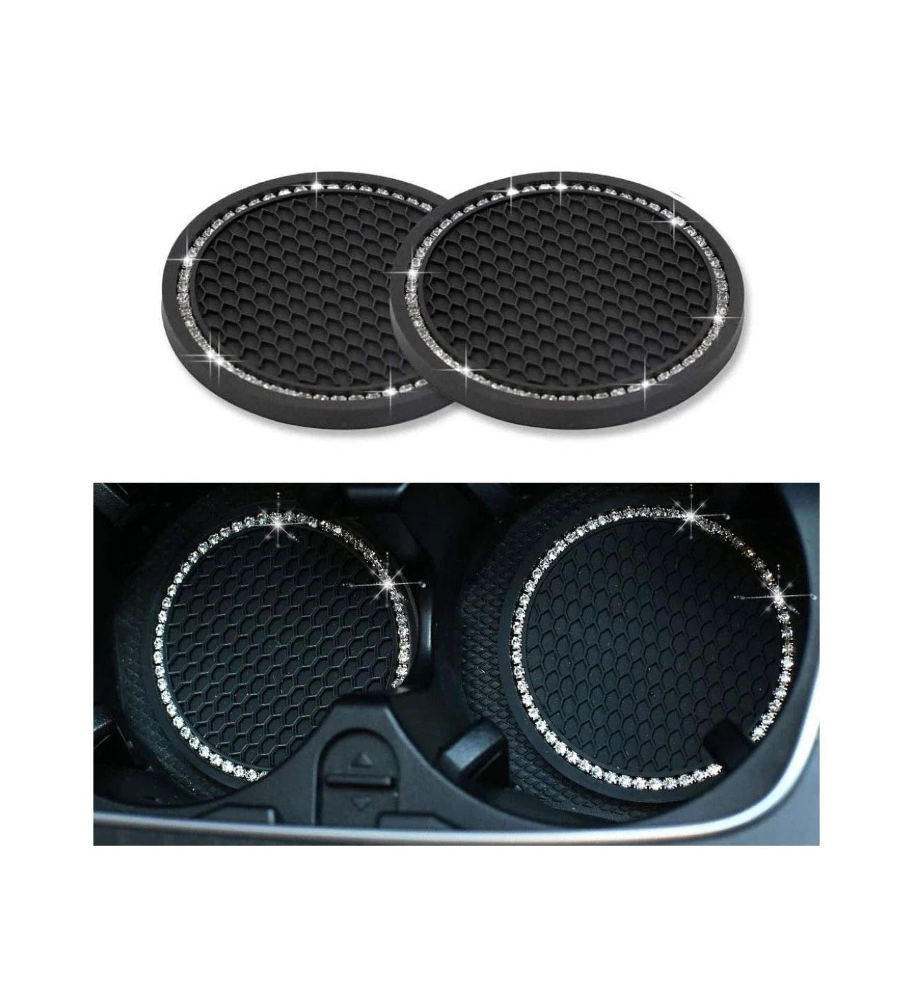 2 White Crystal Border Encrusted Black Coasters Cup Holder Insert Ultra Bling Diamond Luxury Embellishment Fit Car SUV Silicone Anti-Slip